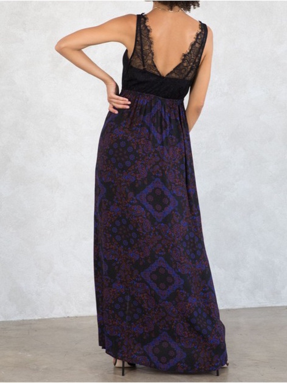 NWT LoveStitch dress paisley print maxi party lace‎ red blue black LONG XS S